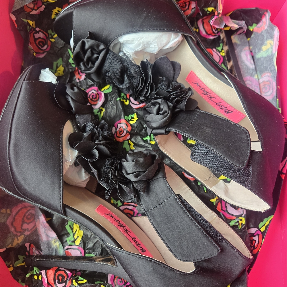 Betsey Johnson Black Heels with Floral Embellishments